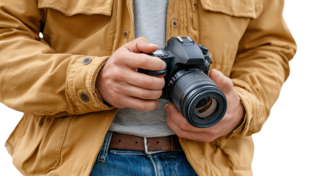 Photography Enthusiast: A man, engrossed in the art of photography, holds his camera with focused intention. A moment of creative pursuit.