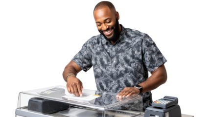 Customer Service at Counter: A friendly individual, with a warm smile, is working at a checkout counter in a service-oriented setting. They engage a positive service interaction in this vibrant shot.