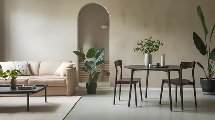 Minimalist, japandi interior design of modern living room with dining table.
