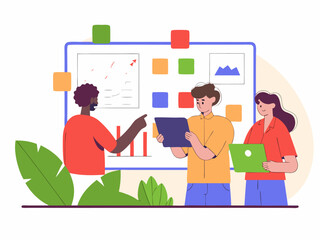 Creative flat design of diverse team collaboration with charts sticky notes and tablet