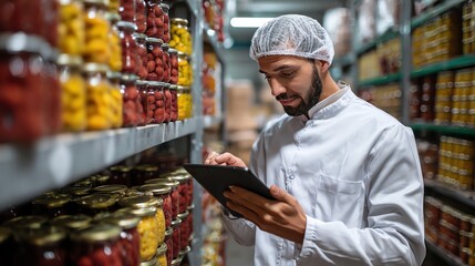 A food inspector in a white lab coat and hairnet uses a tablet to check canned goods in a warehouse Food Quality Control concept.