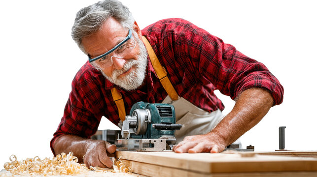 Craftsman's Precision: An experienced craftsman meticulously operating a wood router, his face etched with focus and expertise, ready to shape the future.