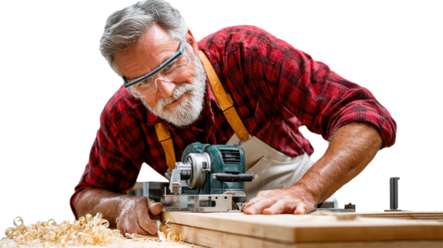 Craftsman's Precision: An experienced craftsman meticulously operating a wood router, his face etched with focus and expertise, ready to shape the future.