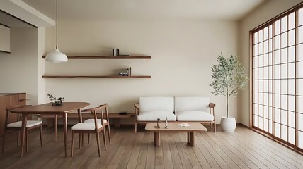 Minimalist, Japandi interior design of a modern living room with a dining table.