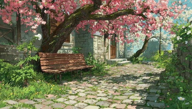 A sun-drenched path lined with cobblestones, a rustic wooden bench, and a flowering tree - Powered by Adobe