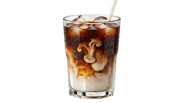 Tall glass of iced coffee with condensation ice cubes and elegant cream swirls mixing. - Powered by Adobe