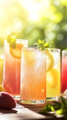 Fototapeta premium Refreshing summer cocktails with condensation, garnished with mint and citrus, served in tall glasses on a rustic wooden surface with blurred green background