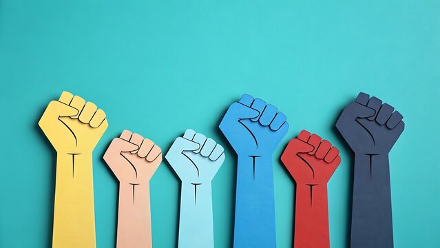Raised fists in various colors symbolizing unity and strength