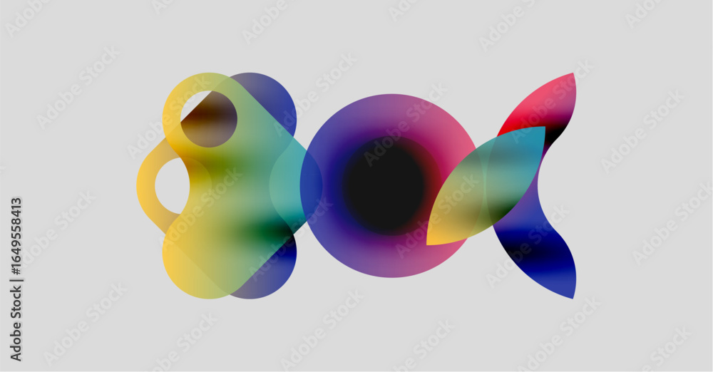 Poster abstract colorful shapes overlap, creating dynamic visual effect. bright hues blend, forming interes