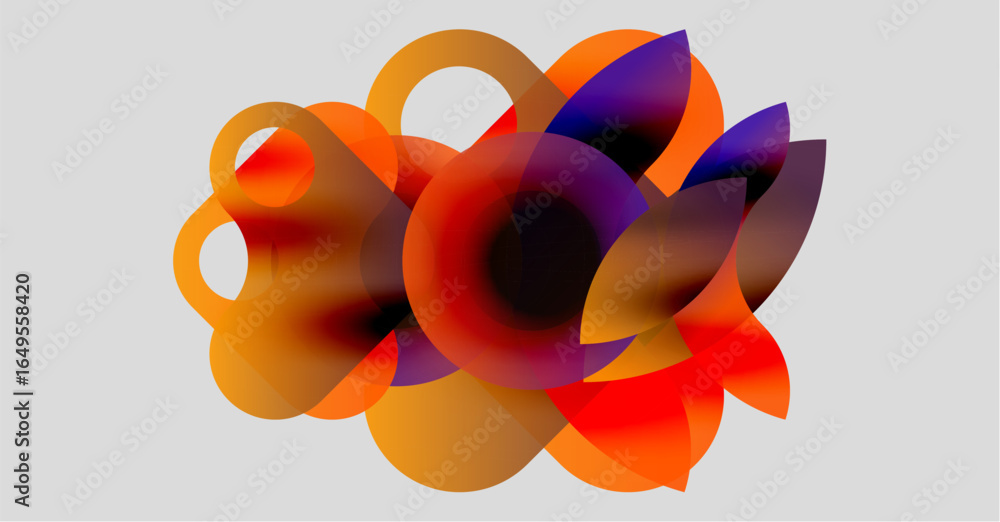 Poster abstract composition featuring overlapping translucent circles. warm colors dominate, creating dynam