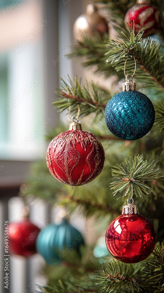 Poster festive christmas tree adorned with shimmering red and blue ornaments, creating a magical holiday at
