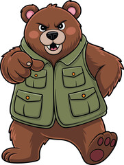 Cartoon brown bear, green vest, multiple pockets, pointing paw, determined expression, standing upright, human‑like stance, CAD drawing, vector illustration, animal character