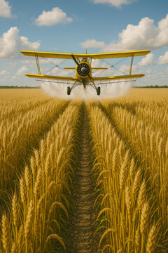  AI-generated image of a bi-plane fumigating the crop on a wheat field