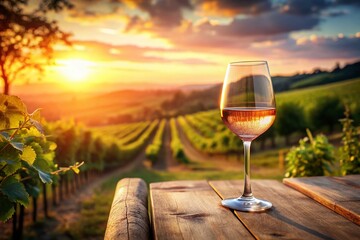 Golden Hour Rosé: Elegant Vineyard View - Stock Photo