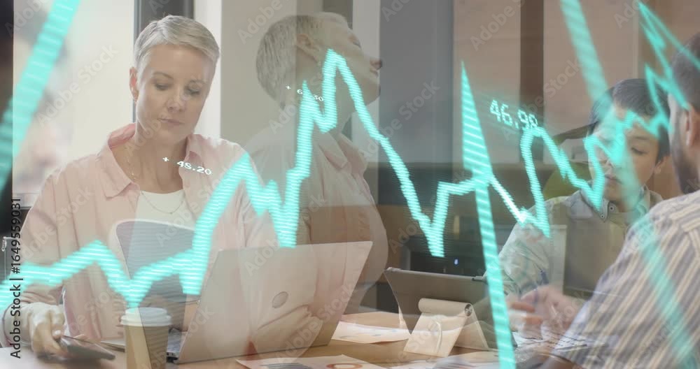 Poster colleagues reviewing financial data causing pulsing line graph and inviting new member