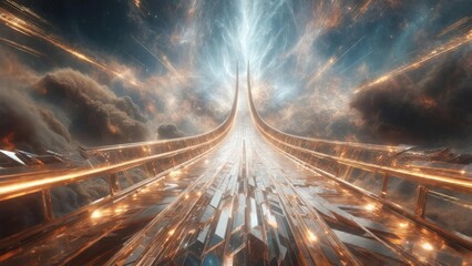 Golden, crystalline pathway through a swirling cosmos