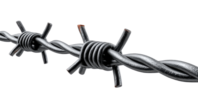 Barbed Wire Close-up: A detailed, artistic close-up shot of a strand of barbed wire, a symbol of restriction and caution, captured with striking clarity.