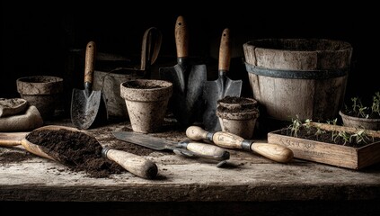 Dark, still life of gardening tools and soil