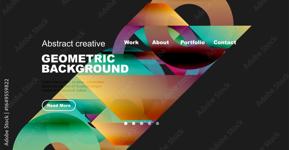 Poster abstract geometric design. vibrant colors, shapes overlap. website header with navigation options, t
