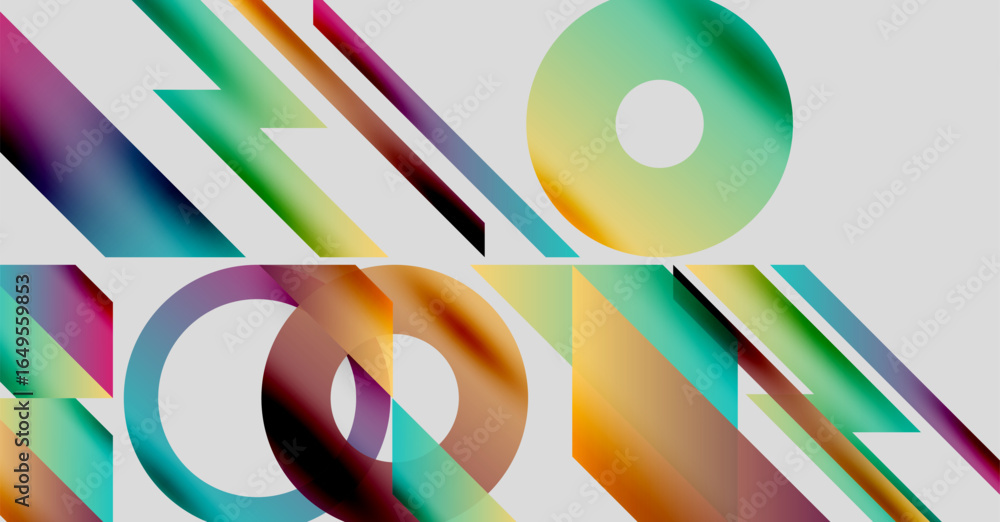 Poster abstract composition featuring colorful geometric shapes. lines intersect circles, creating dynamic 
