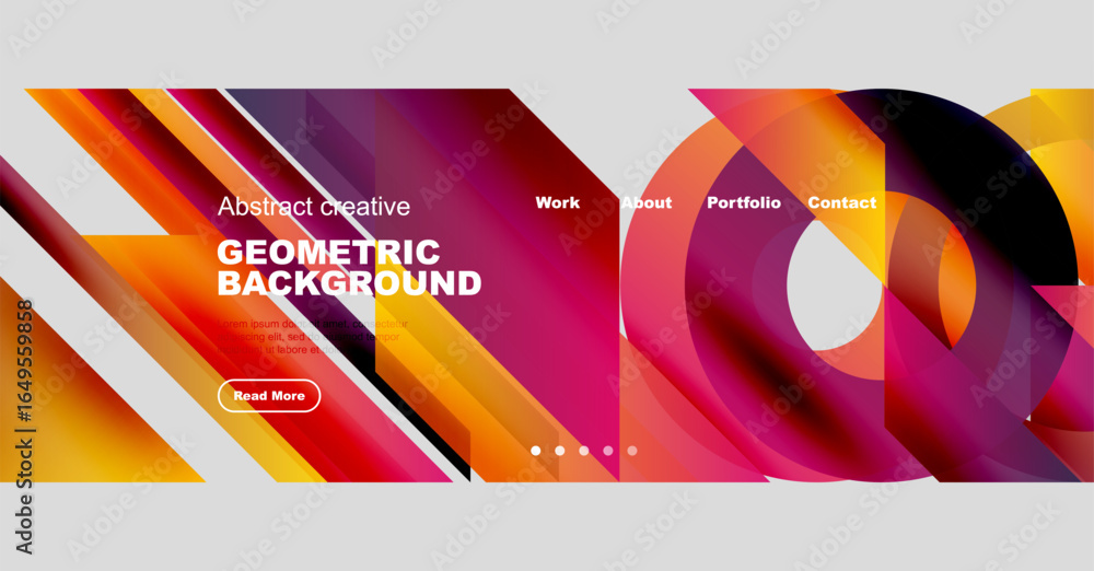 Poster dynamic geometric background features vibrant colors, shapes. website header includes navigation opt