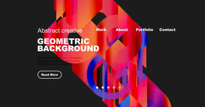 Website mockup displays vibrant geometric background. Navigation includes work, about, portfolio, contact options. Read more button visible.