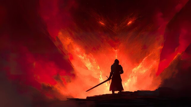 Silhouette of a warrior facing a fiery demon