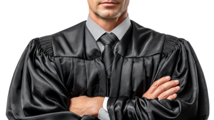 Court Judge in Robe: A stern judge, clad in traditional judicial attire with arms crossed, projects authority and decisiveness. A symbol of justice, impartiality, and the law in a clean.