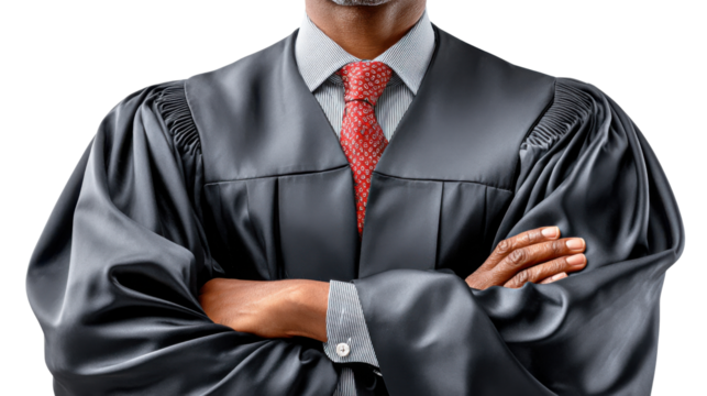 Justice in Robes: A distinguished judge stands with arms crossed, embodying authority and integrity in a formal judicial setting.