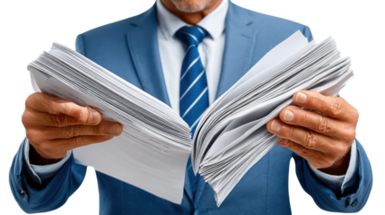 Paperwork Puzzle: A focused individual in a formal business suit meticulously examines documents, representing the detailed and often overwhelming nature of work.