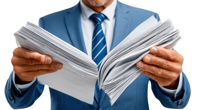 Paperwork Puzzle: A focused individual in a formal business suit meticulously examines documents, representing the detailed and often overwhelming nature of work.