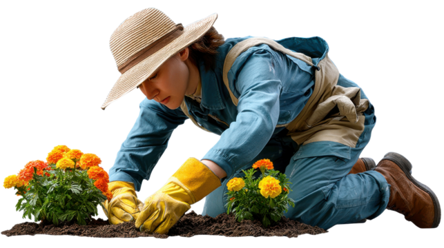 Gardener and Blooming flowers: A dedicated individual, wearing a hat and gloves, meticulously tends to vibrant flowerbeds, carefully planting and nurturing life in a colorful display.