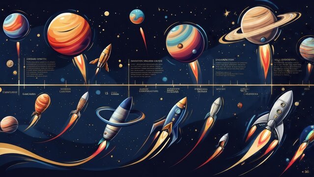 Space timeline with planets and rockets