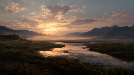 Fototapeta premium Dawn Lights Up the Eastern Horizon: A Serene Sunrise Over a Breathtaking Landscape, Illuminating the Essence of Nature's Beauty in a Tranquil Morning Embrace