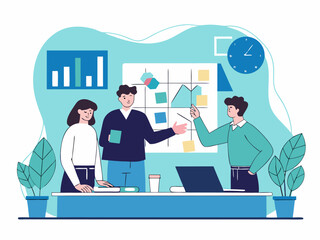 Group of coworkers collaborating on startup business plan with graphs