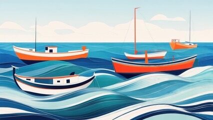 Fototapeta premium Colorful boats on a wavy sea