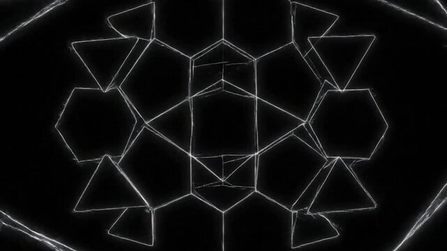 A black background features a symmetrical angular network of bright white lines resembling cracks