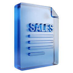 3D Model of Blue Glass Sales Document Icon, Business Revenue Symbol, Glassy Design, Financial Growth