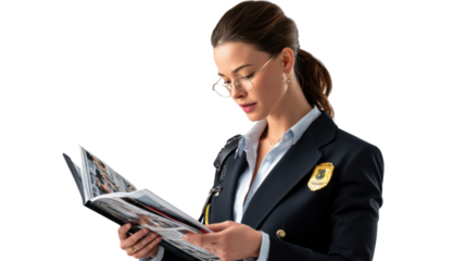 Detective: Focused detective reviews crucial evidence within an open document, her determined gaze hinting at the intricate puzzle awaiting solution.