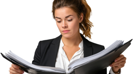 Focused Professional in Business: A focused woman, engrossed in the scrutiny of documents, embodying the essence of a dedicated professional at work.