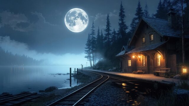 Misty night, lake, train station. Full moon - Powered by Adobe