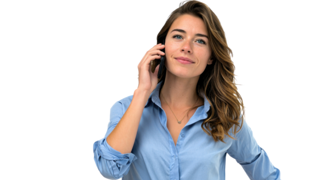 Tech-savvy Communication: A confident individual engrossed in a phone conversation, radiating an air of serenity and competence against a clear backdrop. - Powered by Adobe