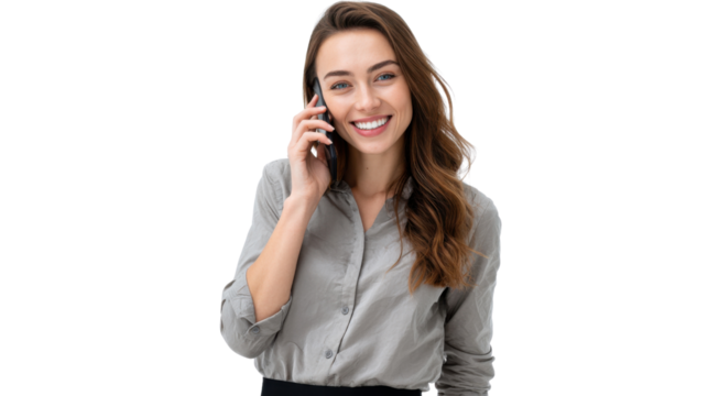Friendly Call: A confident woman engaged in a phone call, displaying a genuine smile, conveying a sense of approachability and open communication. 