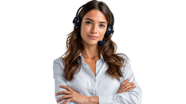 Confident Customer Service Representative: An attentive customer service representative, seen from the chest up, models the image of reliability with a friendly smile.