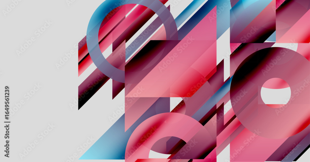 Poster abstract composition. overlapping shapes, circles, rectangles create dynamic visual effect. pink, bl