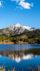 Snow-capped mountain reflected in a serene lake.