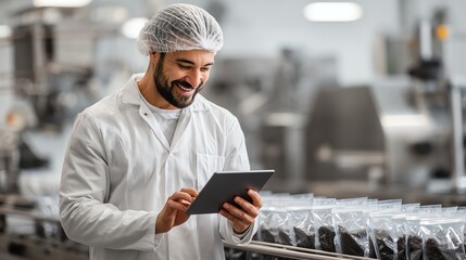 A man in a white lab coat and hairnet uses a tablet to check bottled craft beer Food Quality Control concept.