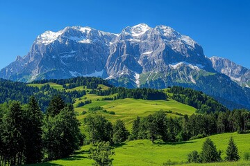 Majestic Kitzb&uuml;hel mountain in Austria with snowy peak, dense forest, green vegetation and blue sky under bright natural sunlight