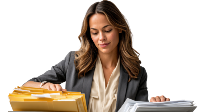 Focused Professional: A dedicated professional woman meticulously reviews important files and documents, symbolizing the essence of administrative precision and unwavering focus.