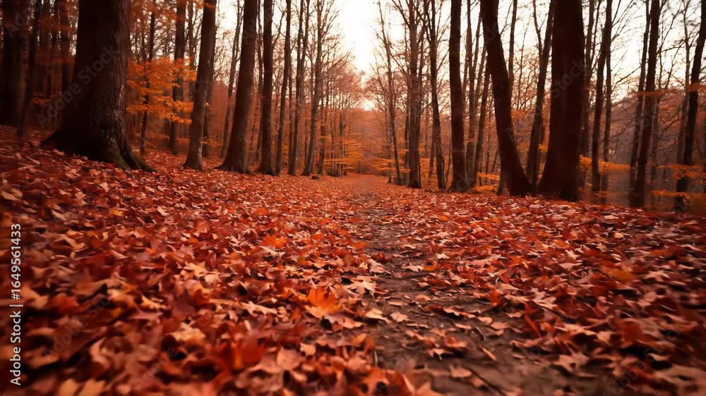 Poster path through autumnal forest with red orange leaves sunlight filters through trees creating warm atm